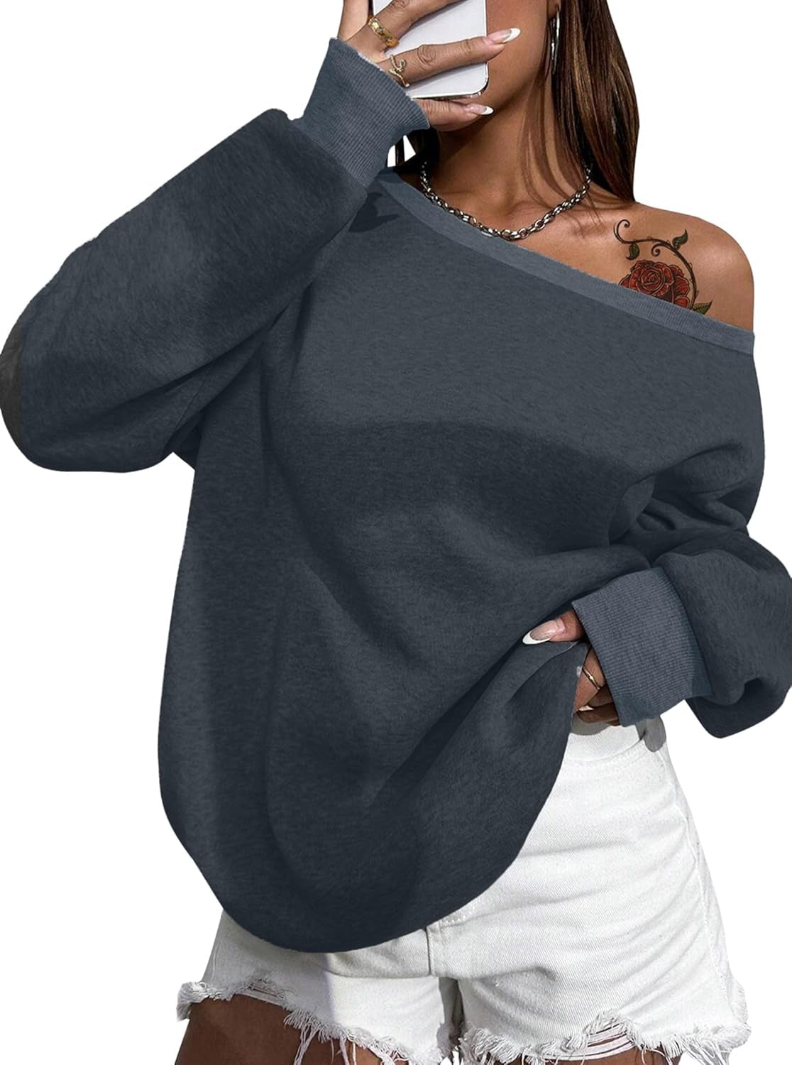 Womens off Shoulder Sweatshirt Drop Shoulder Oversized Long Sleeve Pullover Top