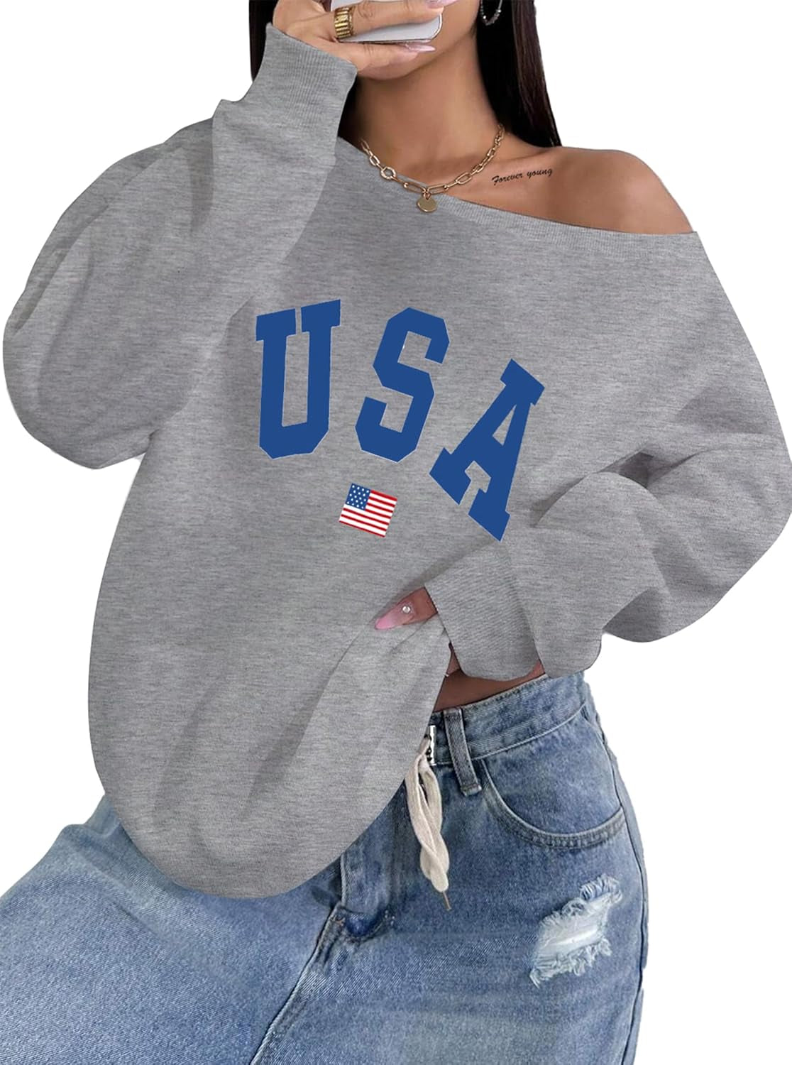 Womens off Shoulder Sweatshirt Drop Shoulder Oversized Long Sleeve Pullover Top