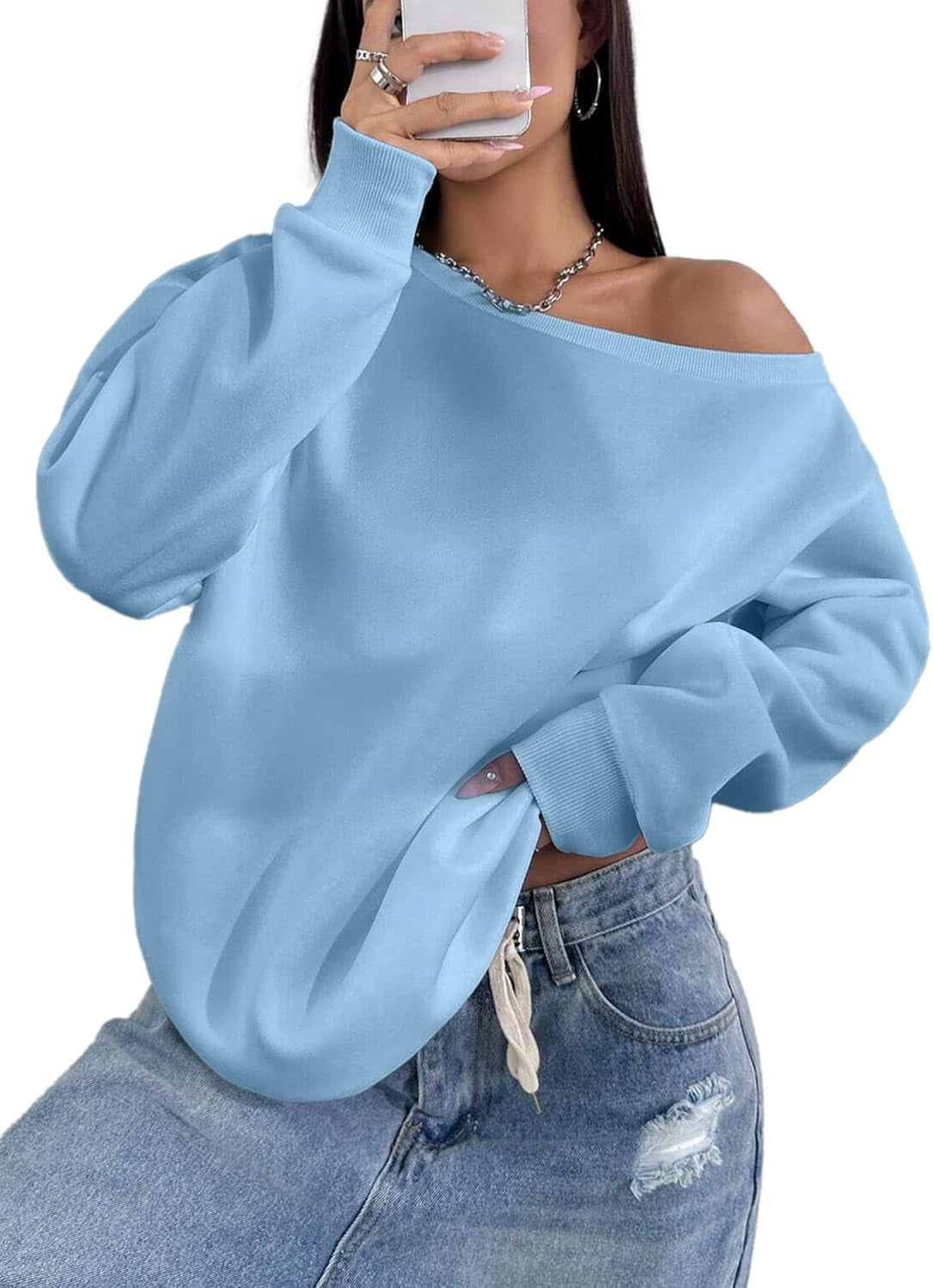 Womens off Shoulder Sweatshirt Drop Shoulder Oversized Long Sleeve Pullover Top