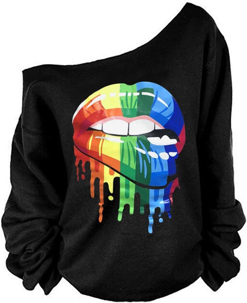 Woman’S Sweatershirt Lips Print Causal Blouse off the Shoulder Long Sleeve Loose Slouchy Pullover plus Size Tops