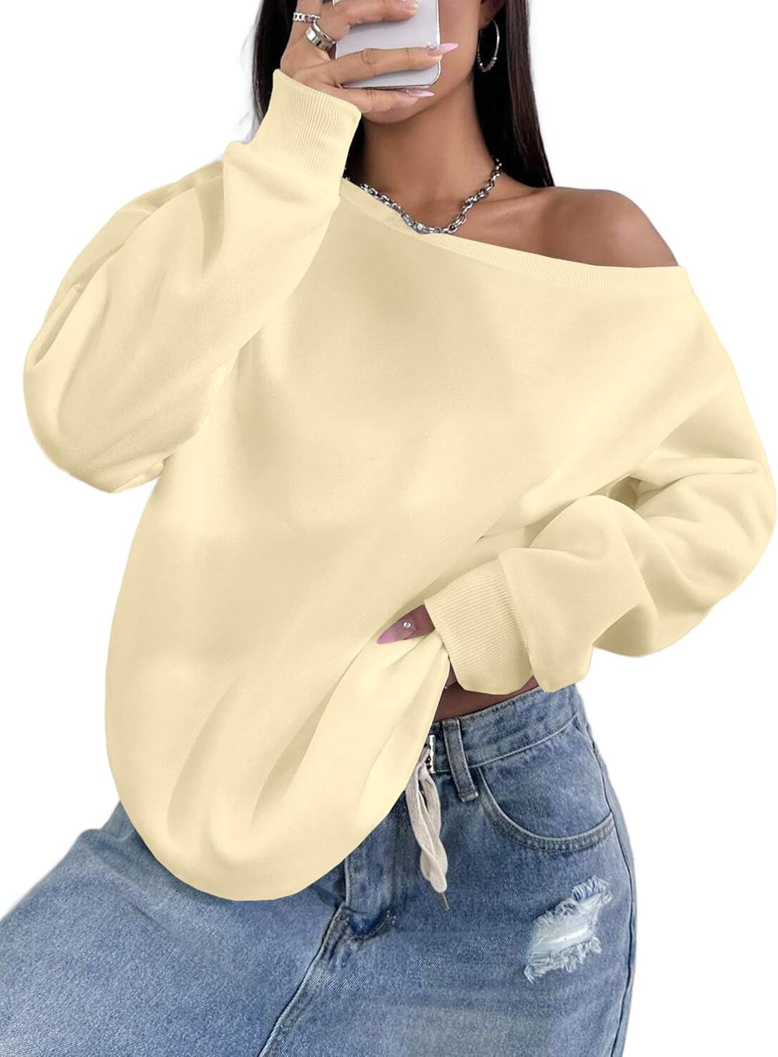 Womens off Shoulder Sweatshirt Drop Shoulder Oversized Long Sleeve Pullover Top