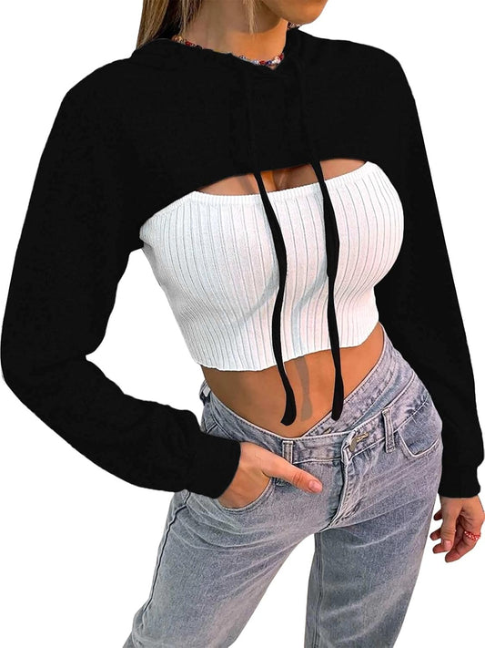 Women Long Sleeve Cropped Super Crop Top Hoodies Sweatshirt Aesthetic Punk Hip Hop Dance Sexy Rave Cloth