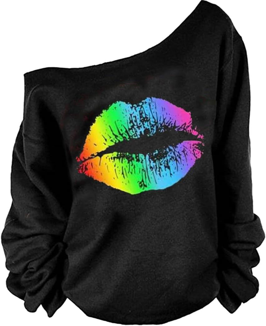 Woman’S Sweatershirt Lips Print Causal Blouse off the Shoulder Long Sleeve Loose Slouchy Pullover plus Size Tops