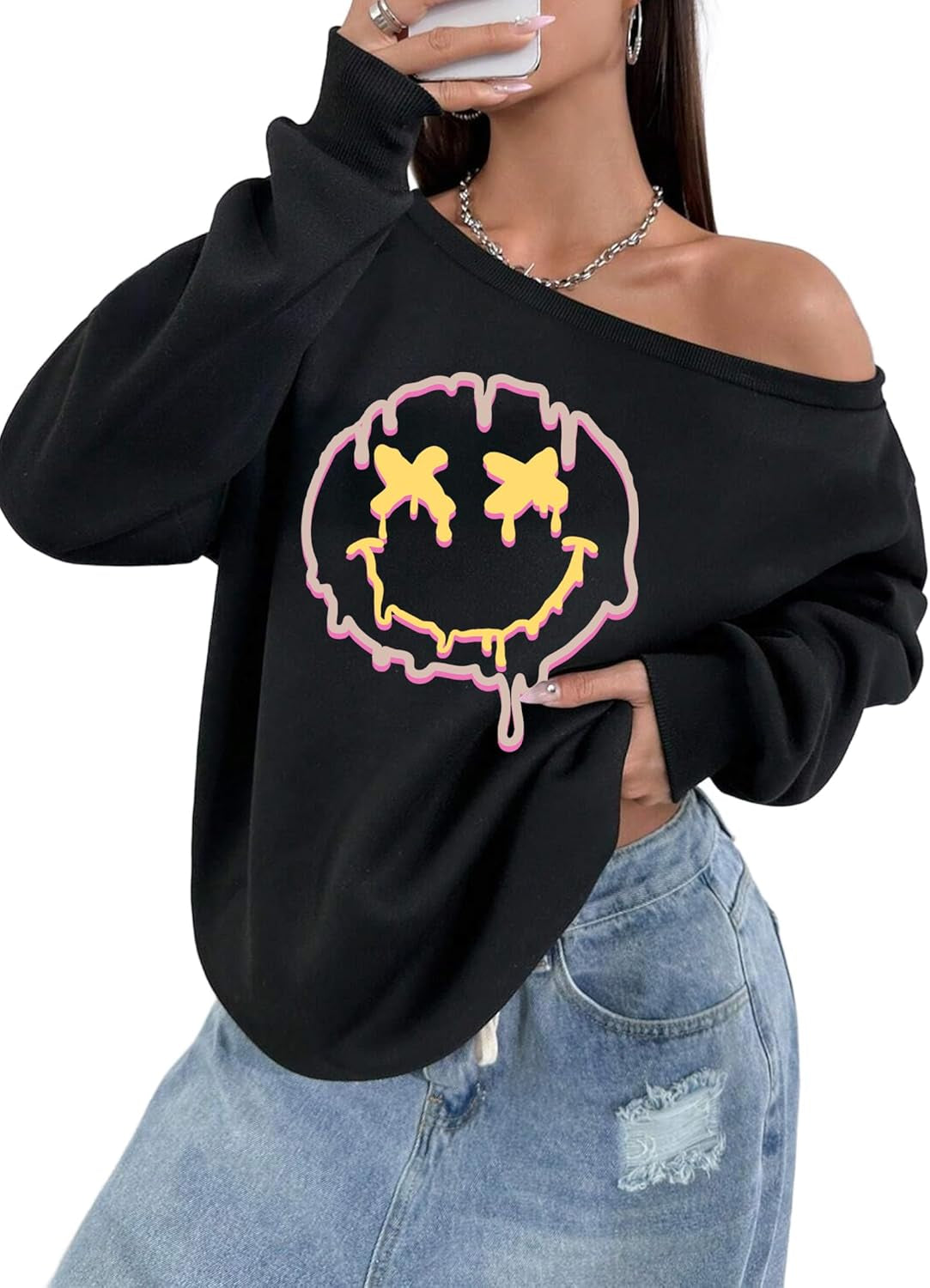 Womens off Shoulder Sweatshirt Drop Shoulder Oversized Long Sleeve Pullover Top