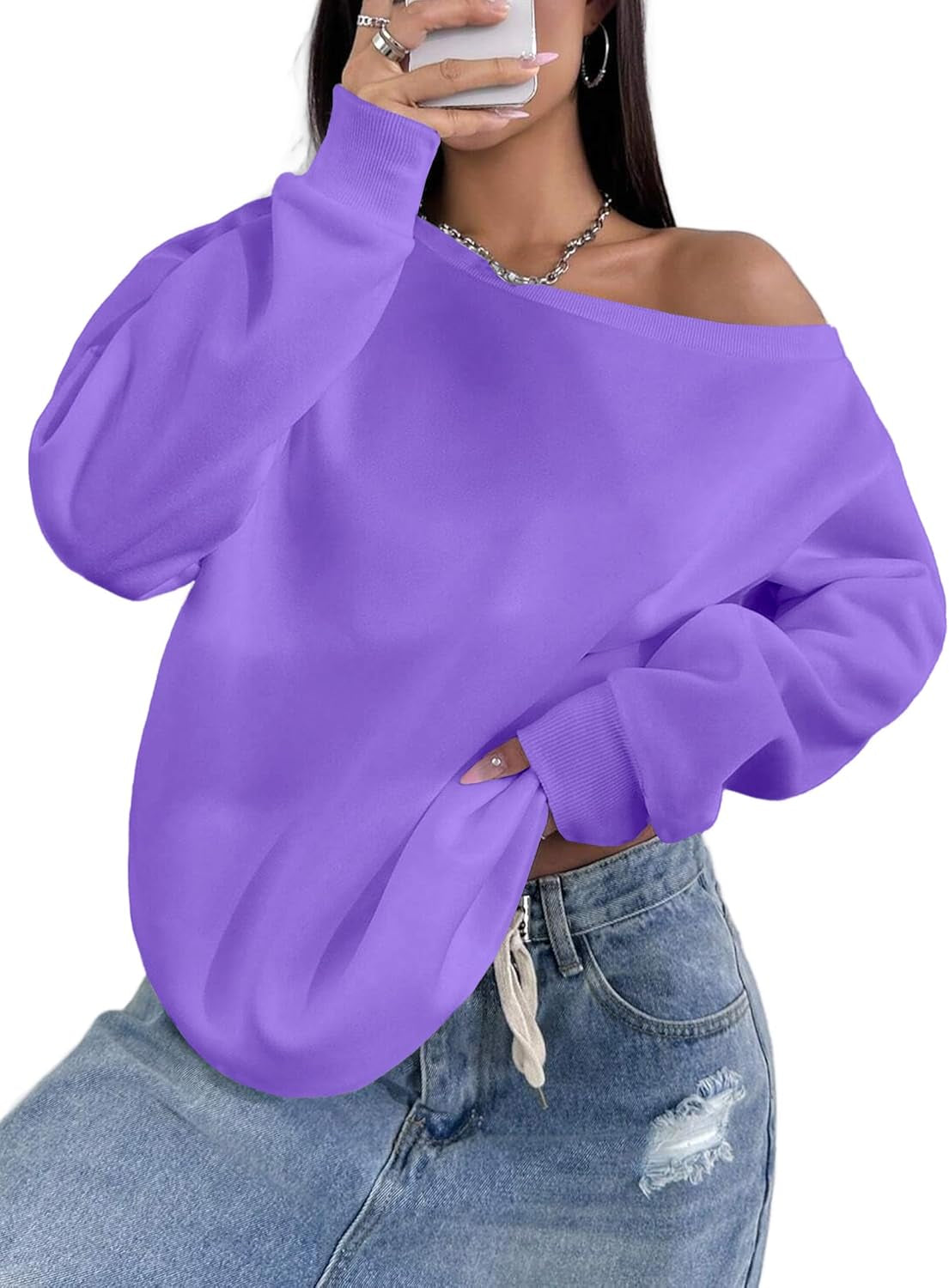 Womens off Shoulder Sweatshirt Drop Shoulder Oversized Long Sleeve Pullover Top