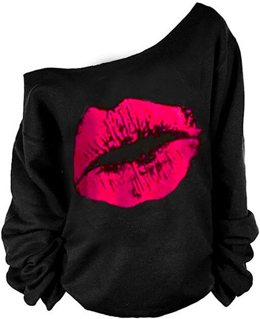 Woman’S Sweatershirt Lips Print Causal Blouse off the Shoulder Long Sleeve Loose Slouchy Pullover plus Size Tops