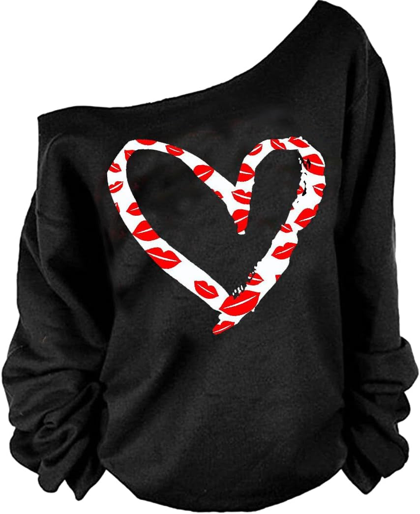 Woman’S Sweatershirt Lips Print Causal Blouse off the Shoulder Long Sleeve Loose Slouchy Pullover plus Size Tops