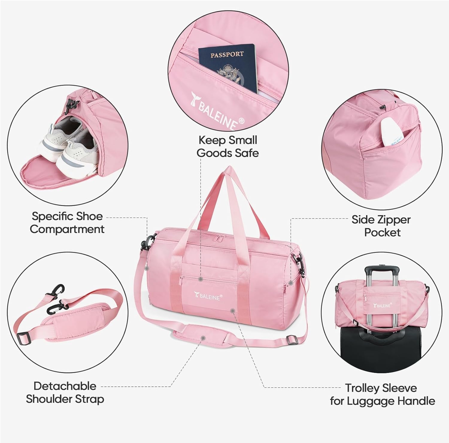 Gym Bag for Women and Men, Small Duffel Bag for Sports, Gyms and Weekend Getaway, Waterproof Dufflebag with Shoe and Wet Clothes Compartments, Lightweight Carryon Gymbag (Pink)