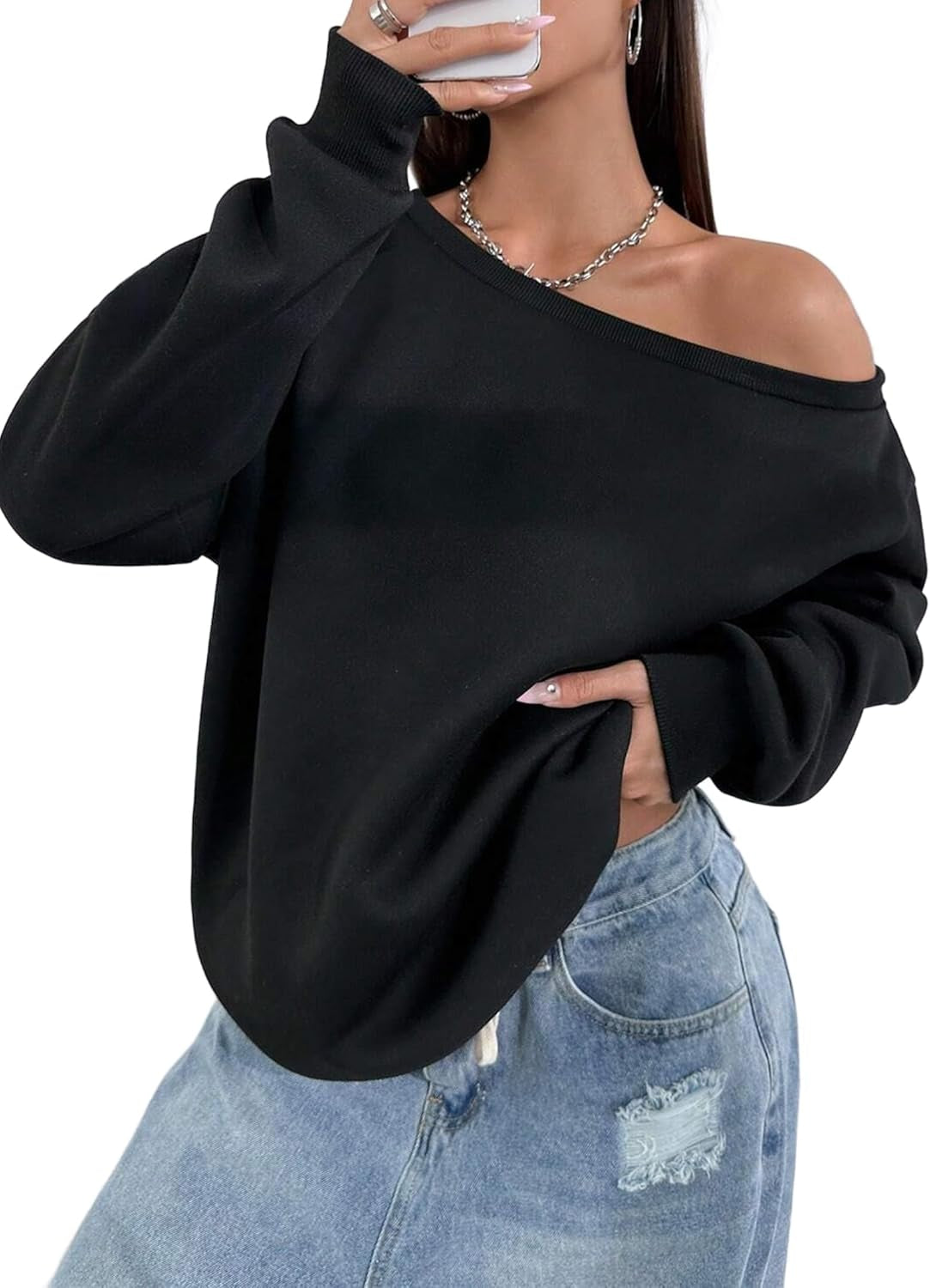 Womens off Shoulder Sweatshirt Drop Shoulder Oversized Long Sleeve Pullover Top