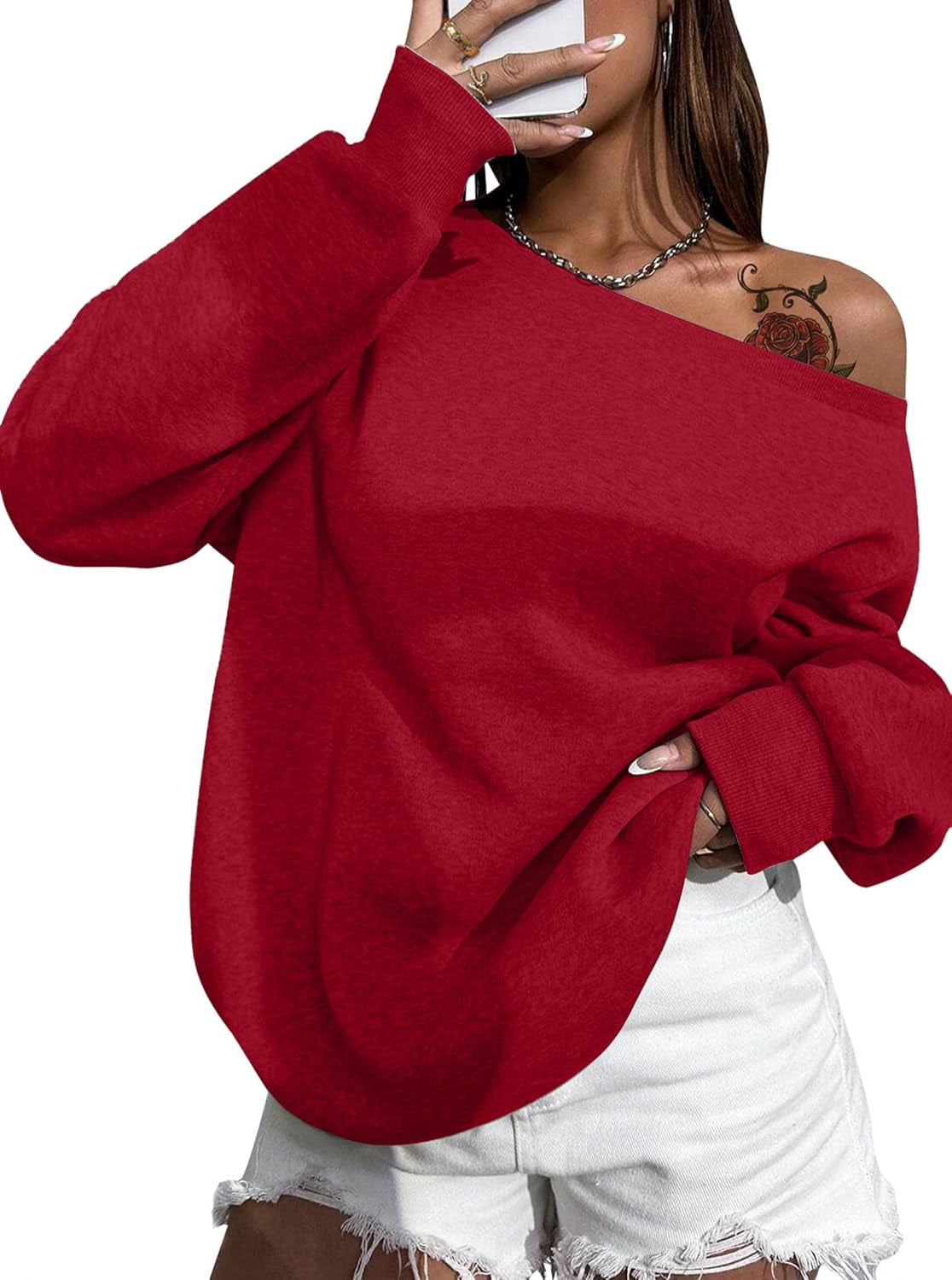 Womens off Shoulder Sweatshirt Drop Shoulder Oversized Long Sleeve Pullover Top