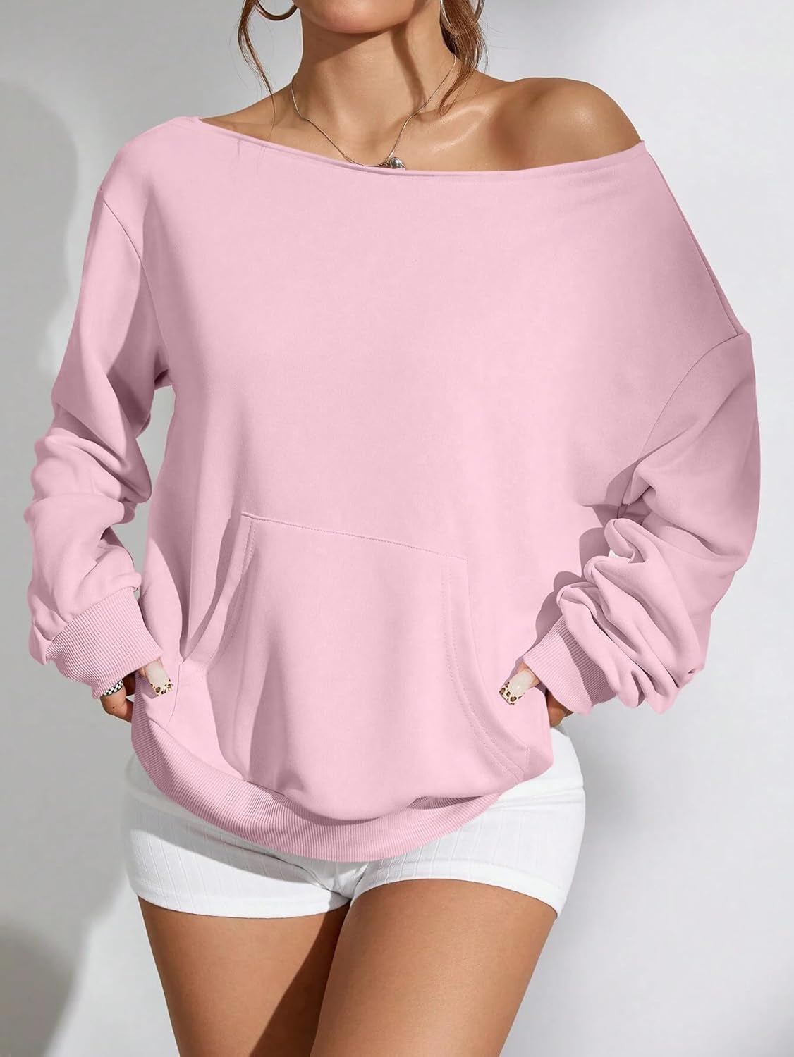 Womens off Shoulder Sweatshirt Drop Shoulder Oversized Long Sleeve Pullover Top