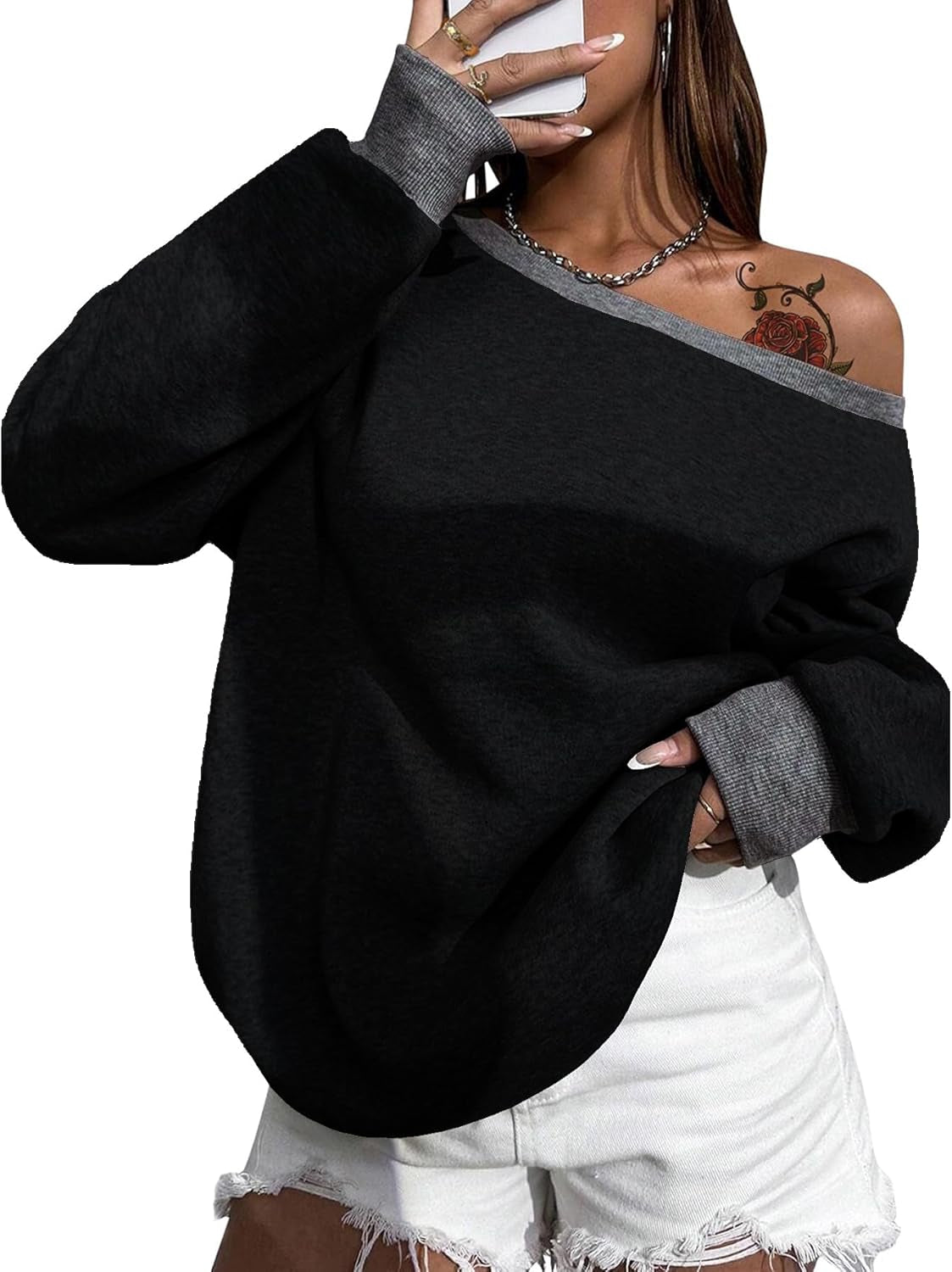 Womens off Shoulder Sweatshirt Drop Shoulder Oversized Long Sleeve Pullover Top