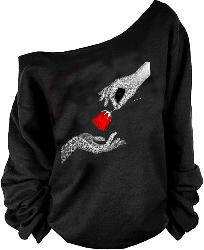 Woman’S Sweatershirt Lips Print Causal Blouse off the Shoulder Long Sleeve Loose Slouchy Pullover plus Size Tops