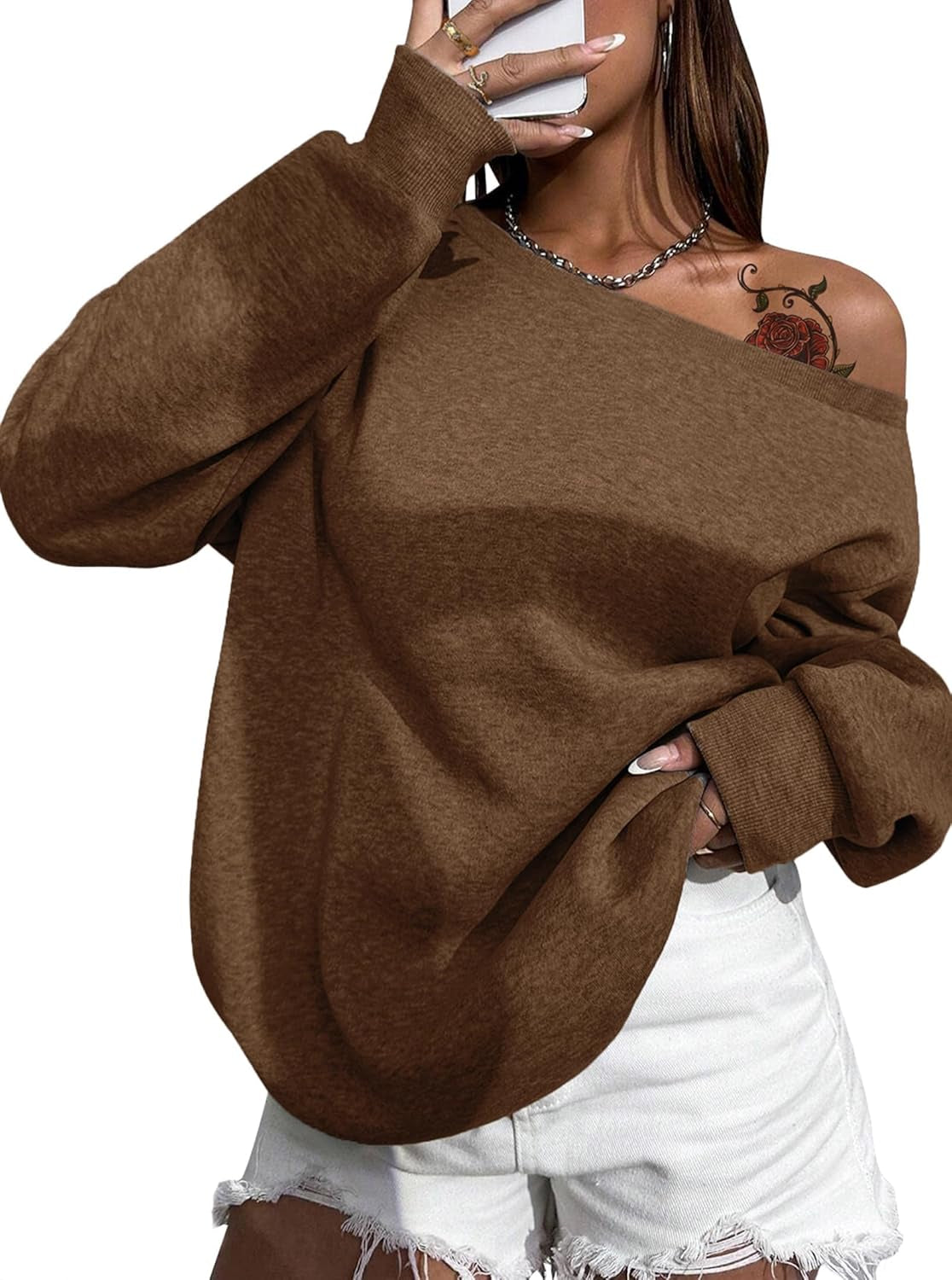Womens off Shoulder Sweatshirt Drop Shoulder Oversized Long Sleeve Pullover Top
