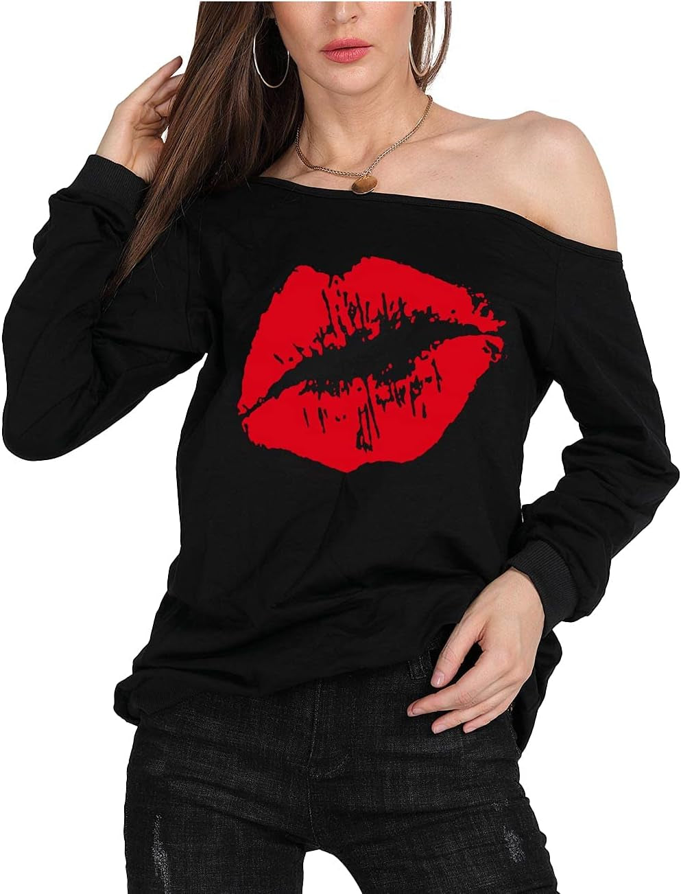 Woman’S Sweatershirt Lips Print Causal Blouse off the Shoulder Long Sleeve Loose Slouchy Pullover plus Size Tops