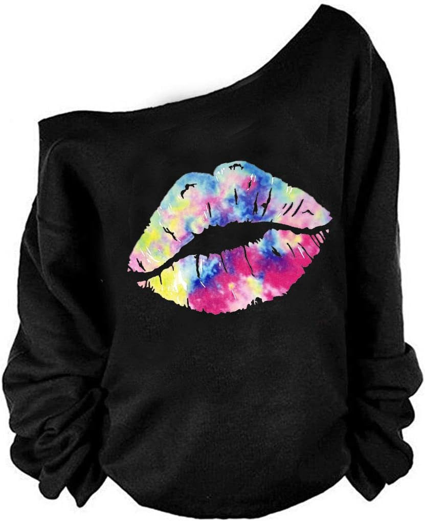 Woman’S Sweatershirt Lips Print Causal Blouse off the Shoulder Long Sleeve Loose Slouchy Pullover plus Size Tops