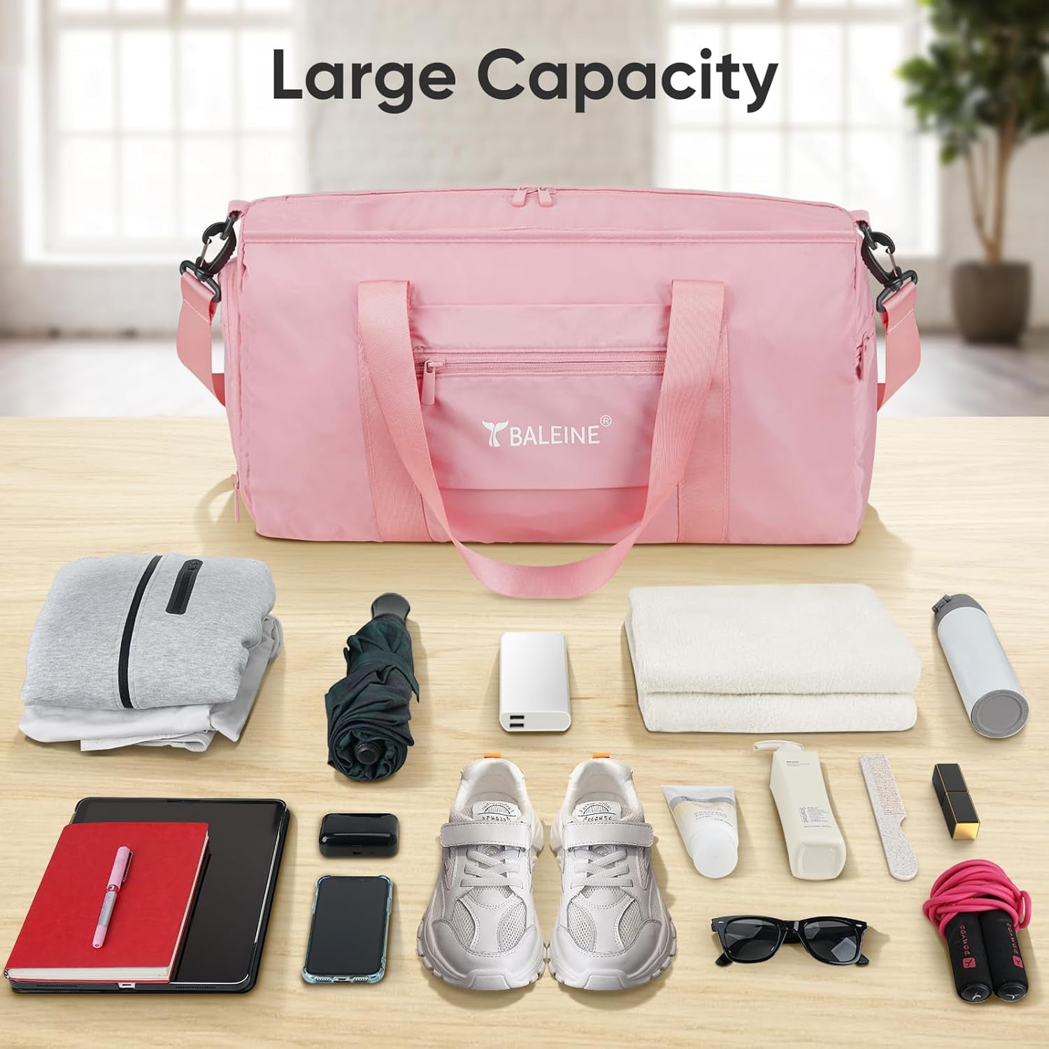 Gym Bag for Women and Men, Small Duffel Bag for Sports, Gyms and Weekend Getaway, Waterproof Dufflebag with Shoe and Wet Clothes Compartments, Lightweight Carryon Gymbag (Pink)