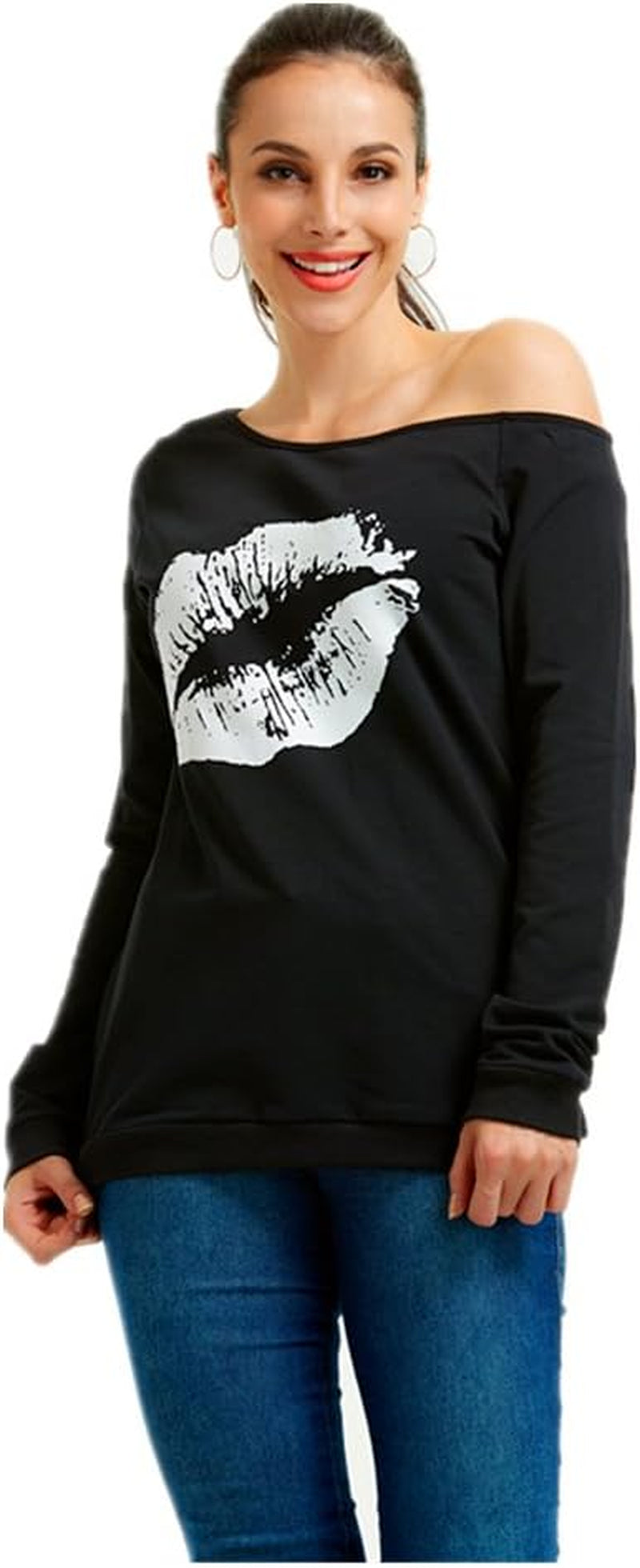Woman’S Sweatershirt Lips Print Causal Blouse off the Shoulder Long Sleeve Loose Slouchy Pullover plus Size Tops