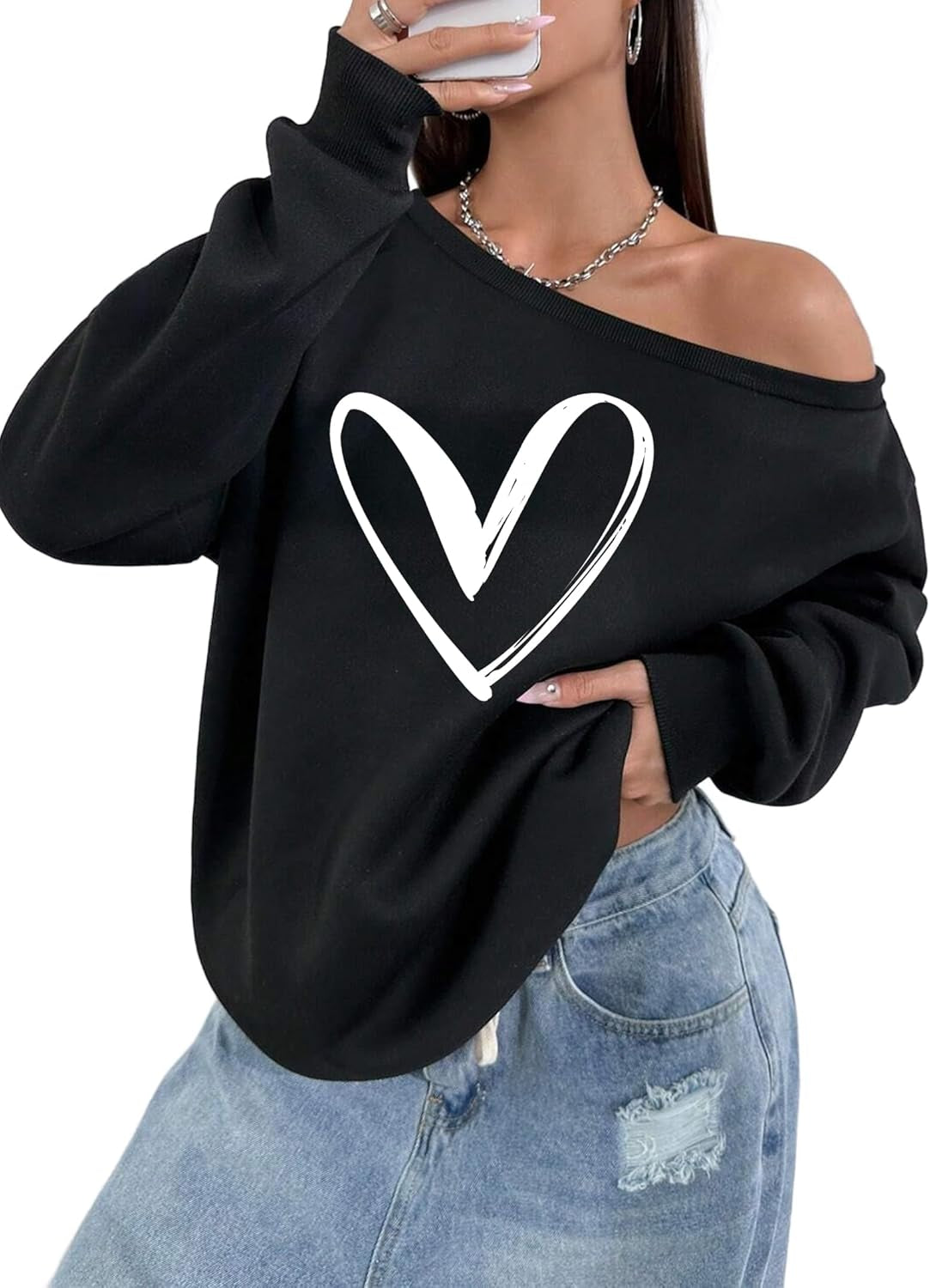 Womens off Shoulder Sweatshirt Drop Shoulder Oversized Long Sleeve Pullover Top
