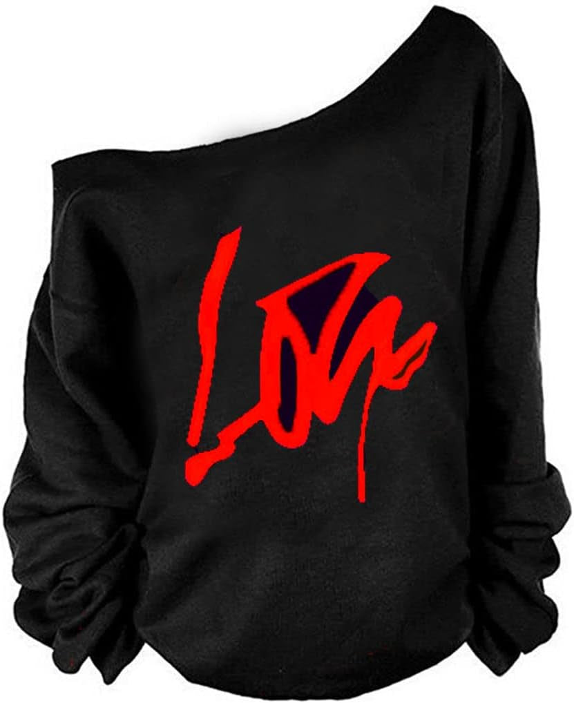 Woman’S Sweatershirt Lips Print Causal Blouse off the Shoulder Long Sleeve Loose Slouchy Pullover plus Size Tops