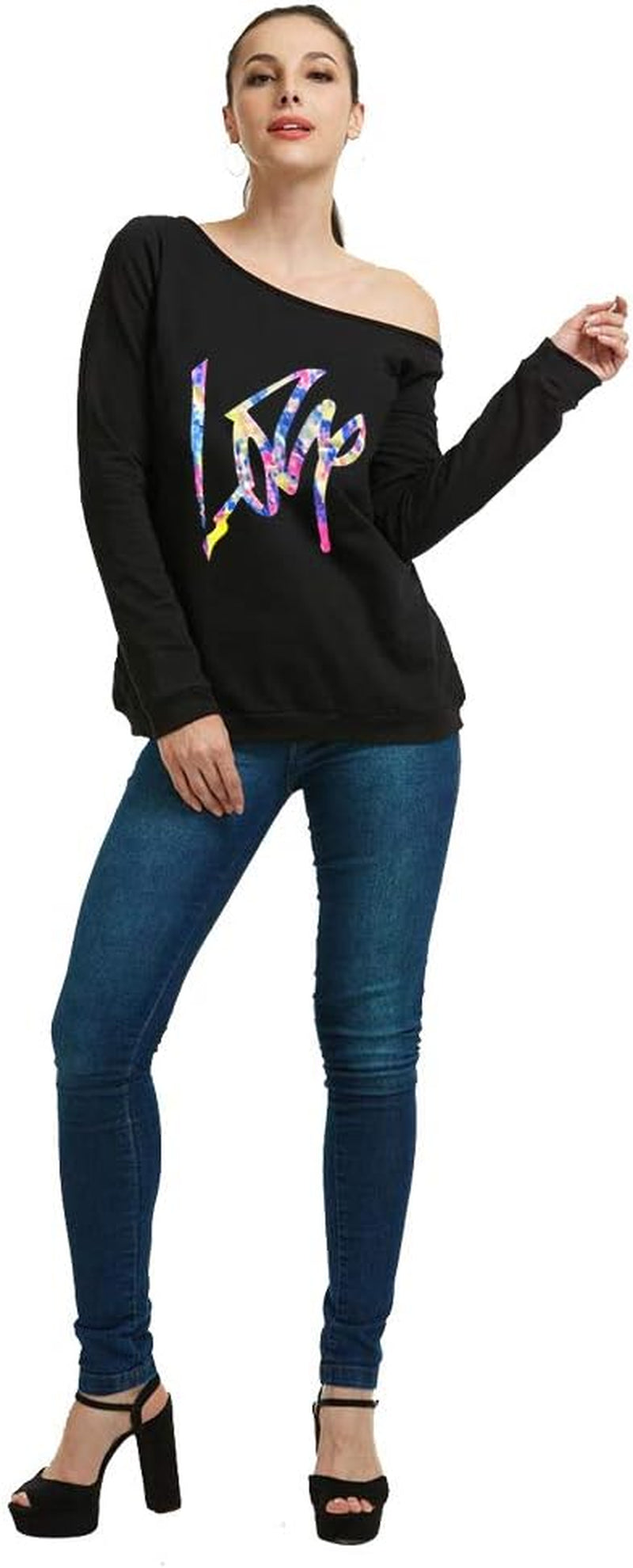 Woman’S Sweatershirt Lips Print Causal Blouse off the Shoulder Long Sleeve Loose Slouchy Pullover plus Size Tops
