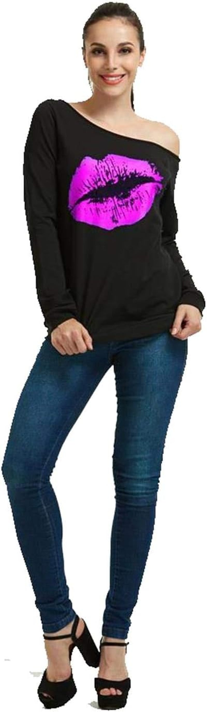 Woman’S Sweatershirt Lips Print Causal Blouse off the Shoulder Long Sleeve Loose Slouchy Pullover plus Size Tops