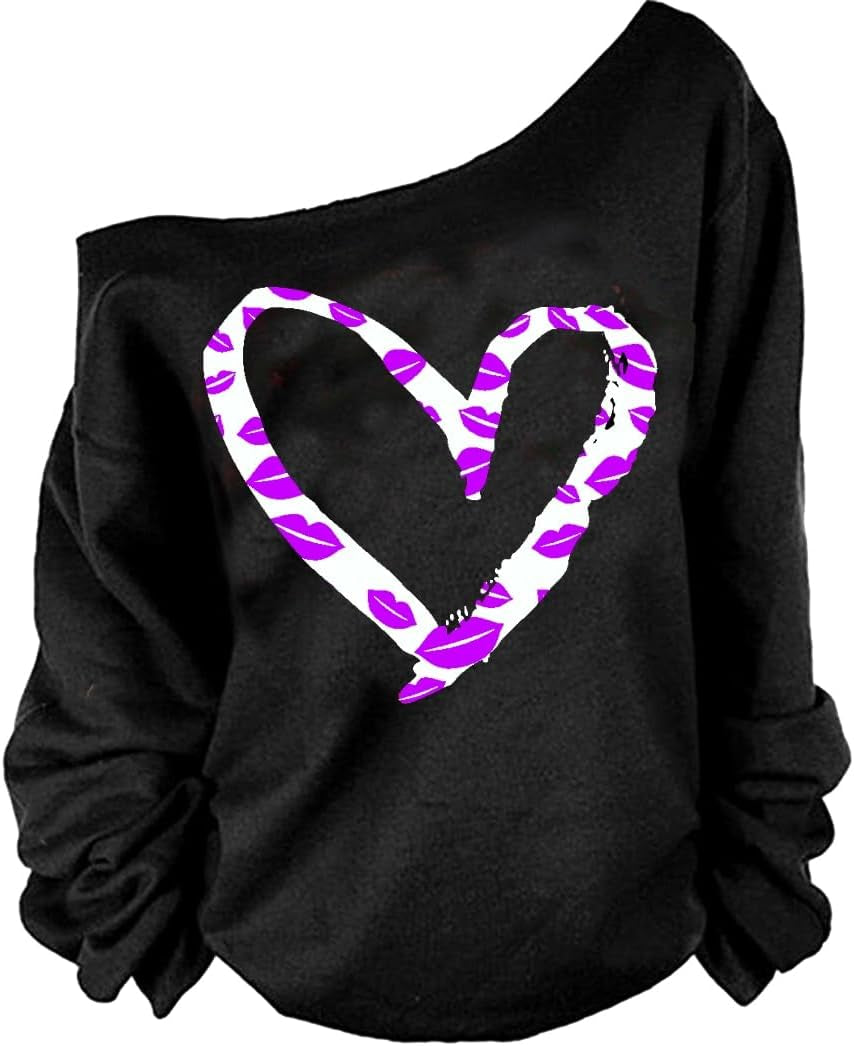 Woman’S Sweatershirt Lips Print Causal Blouse off the Shoulder Long Sleeve Loose Slouchy Pullover plus Size Tops