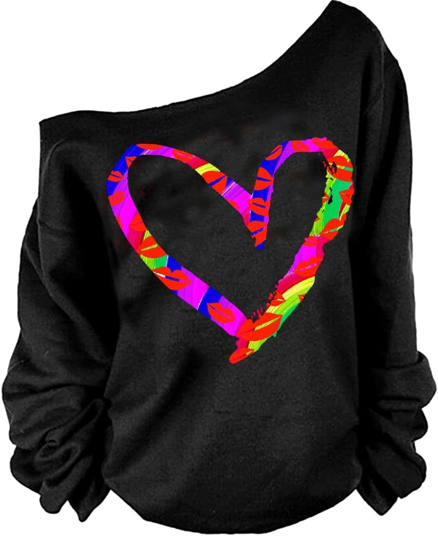 Woman’S Sweatershirt Lips Print Causal Blouse off the Shoulder Long Sleeve Loose Slouchy Pullover plus Size Tops