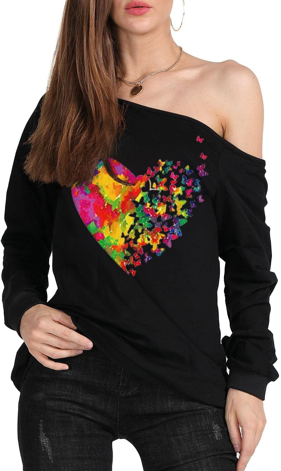 Woman’S Sweatershirt Lips Print Causal Blouse off the Shoulder Long Sleeve Loose Slouchy Pullover plus Size Tops