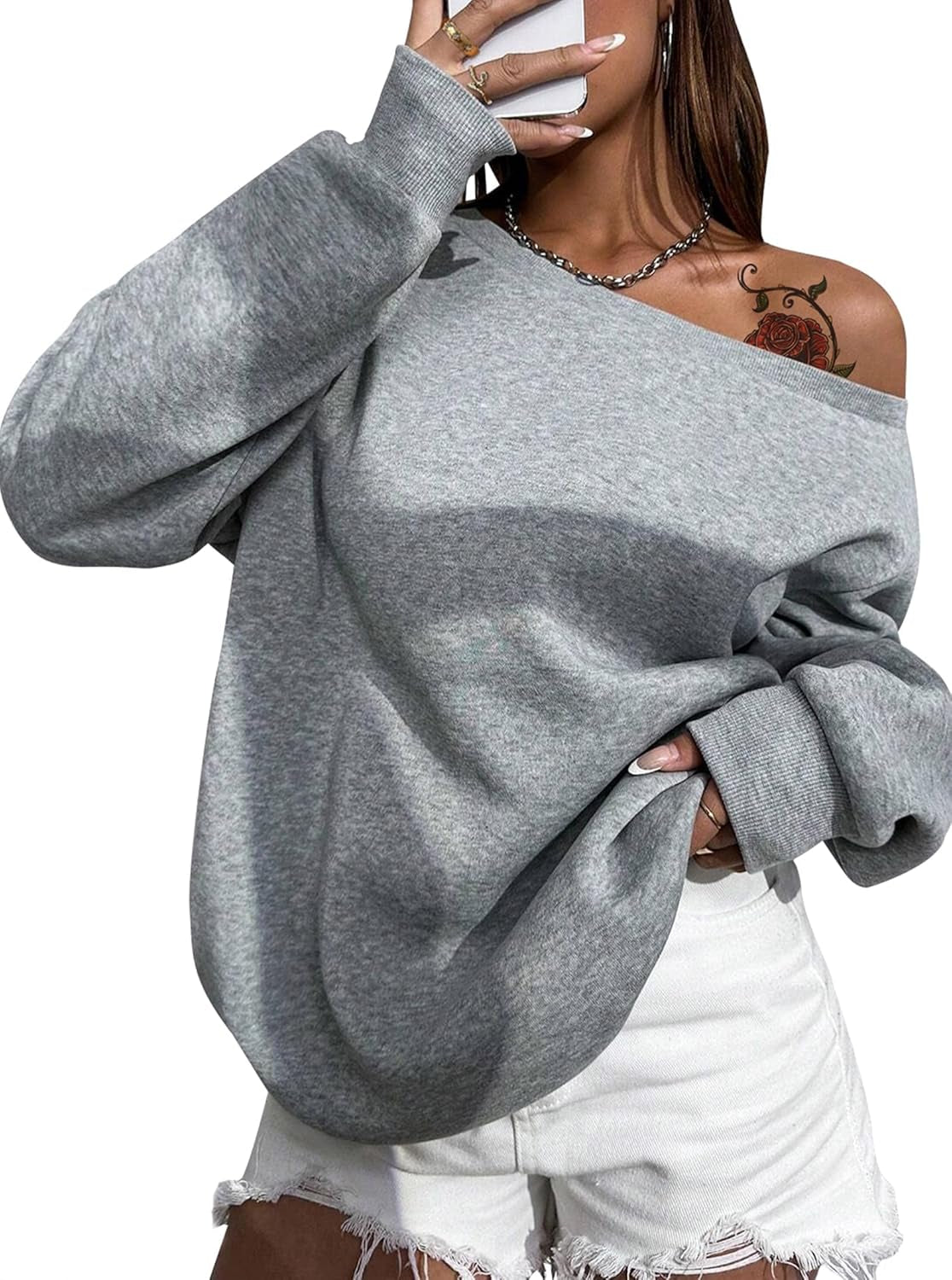 Womens off Shoulder Sweatshirt Drop Shoulder Oversized Long Sleeve Pullover Top
