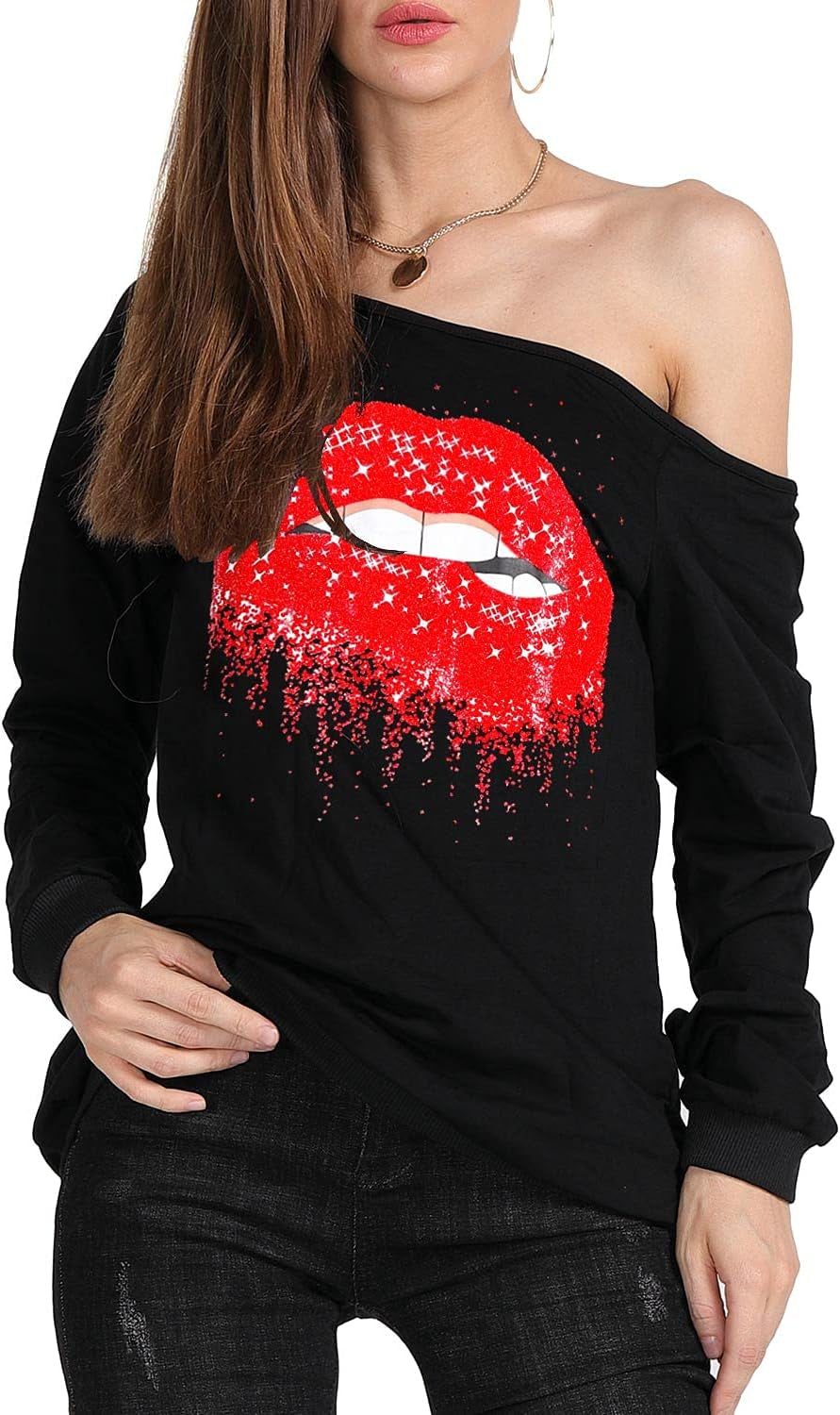 Woman’S Sweatershirt Lips Print Causal Blouse off the Shoulder Long Sleeve Loose Slouchy Pullover plus Size Tops