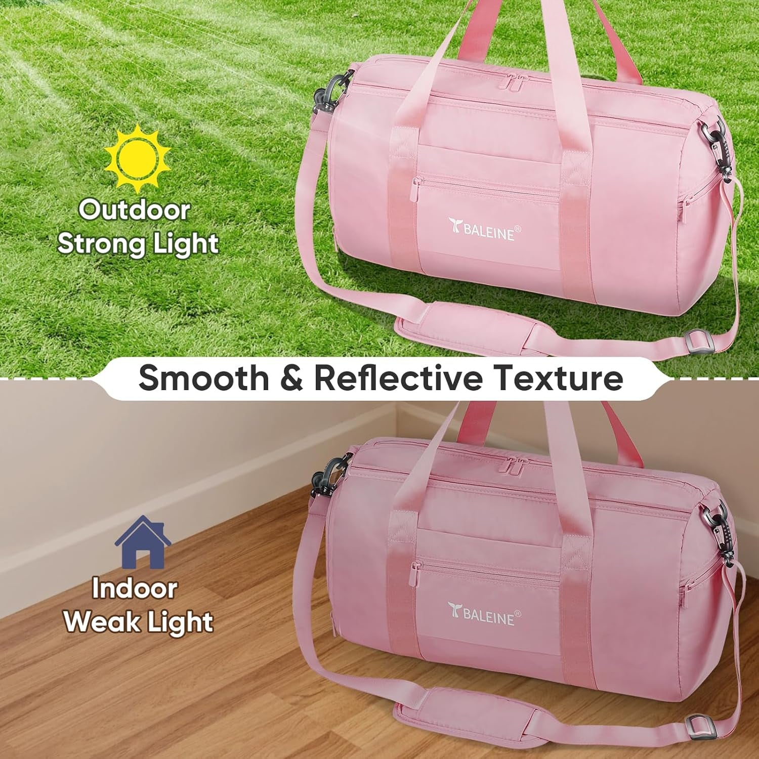 Gym Bag for Women and Men, Small Duffel Bag for Sports, Gyms and Weekend Getaway, Waterproof Dufflebag with Shoe and Wet Clothes Compartments, Lightweight Carryon Gymbag (Pink)
