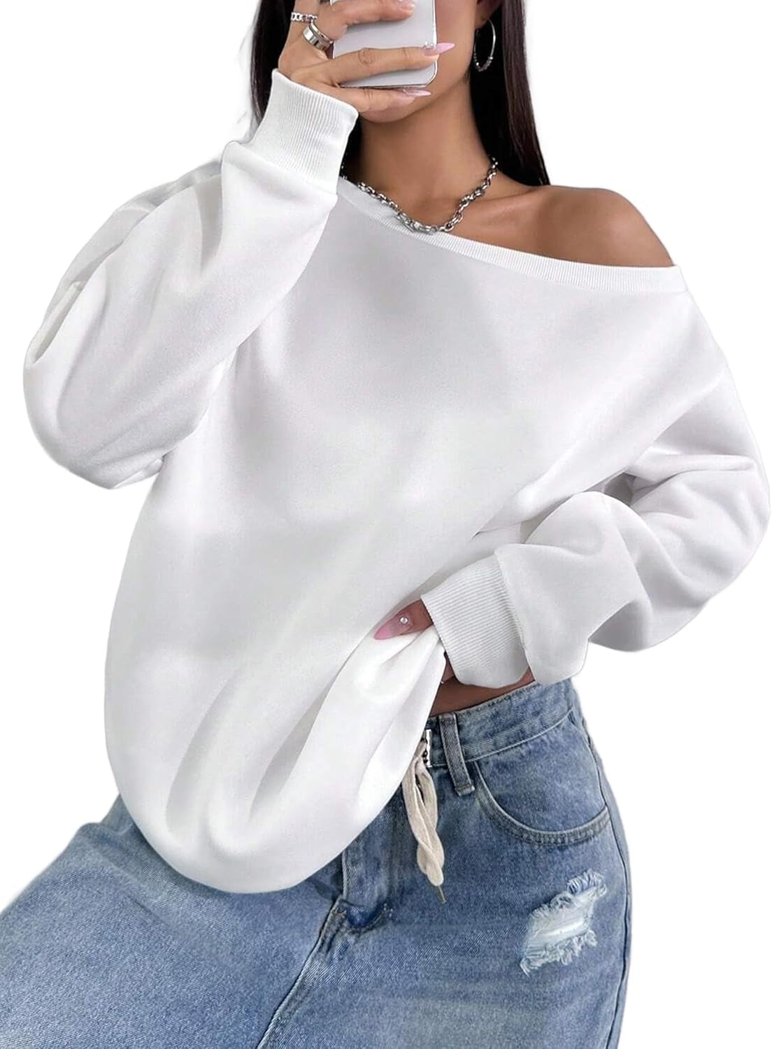 Womens off Shoulder Sweatshirt Drop Shoulder Oversized Long Sleeve Pullover Top