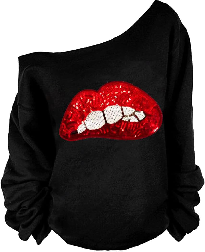 Woman’S Sweatershirt Lips Print Causal Blouse off the Shoulder Long Sleeve Loose Slouchy Pullover plus Size Tops