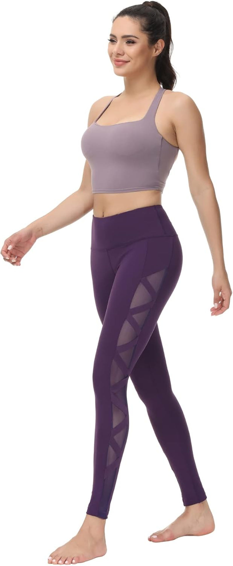 Women'S Mesh Leggings Yoga Pants with Pocket, Non See-Through Capri High Waisted Tummy Control 4 Way Stretch
