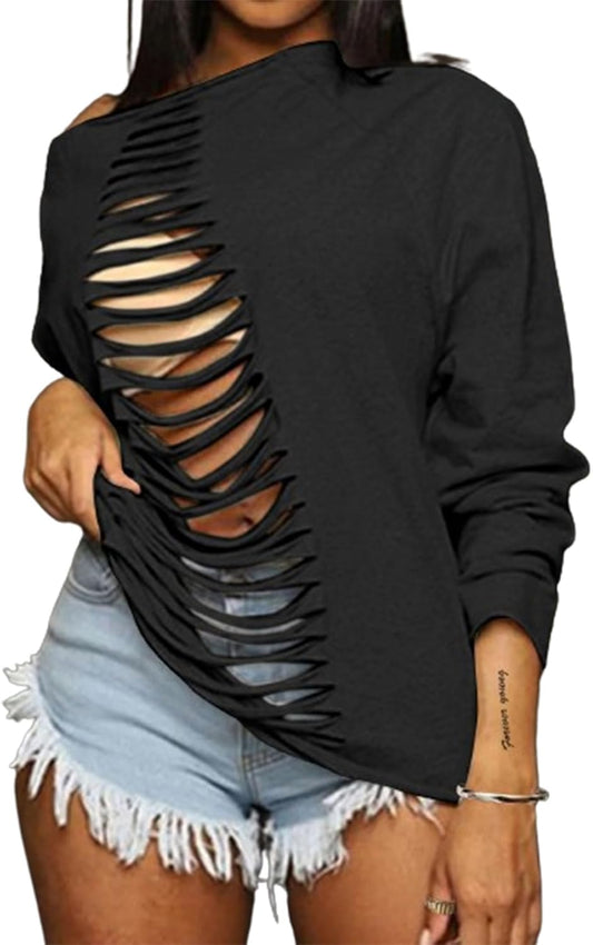Women'S Sexy off Shoulder Sweatshirt Long Sleeve Hollow Out Sweatshirts
