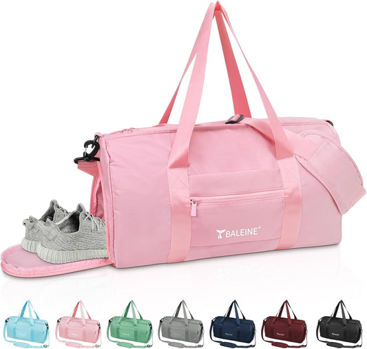 Gym Bag for Women and Men, Small Duffel Bag for Sports, Gyms and Weekend Getaway, Waterproof Dufflebag with Shoe and Wet Clothes Compartments, Lightweight Carryon Gymbag (Pink)