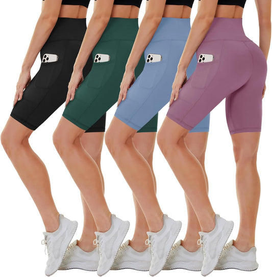 4 Pack Biker Shorts Women with Pockets – 5"/8" High Waist Tummy Control Workout Gym Yoga Running Compression Shorts